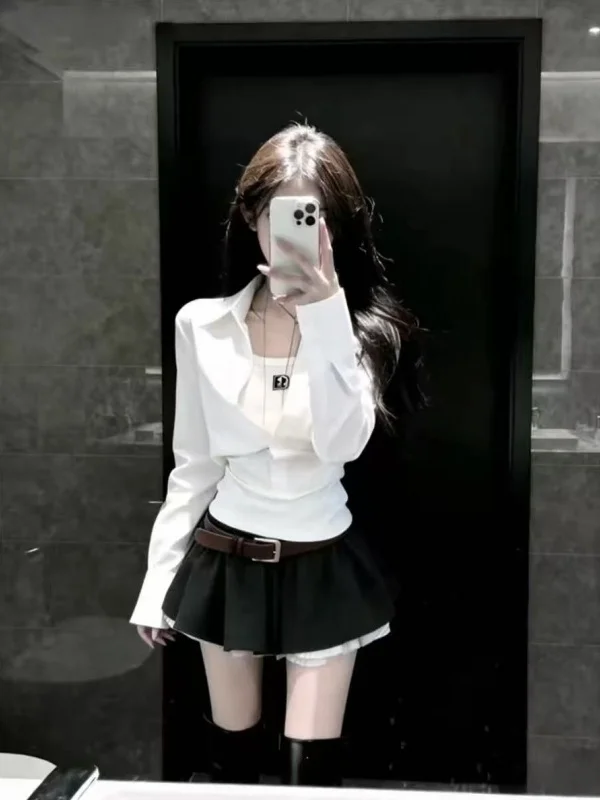 Korean Style Sweet Cool Sweet Cool INS Spring Autumn Design False Two-Piece Shirt Half Skirt Hot Girl Set High Waist Universa...