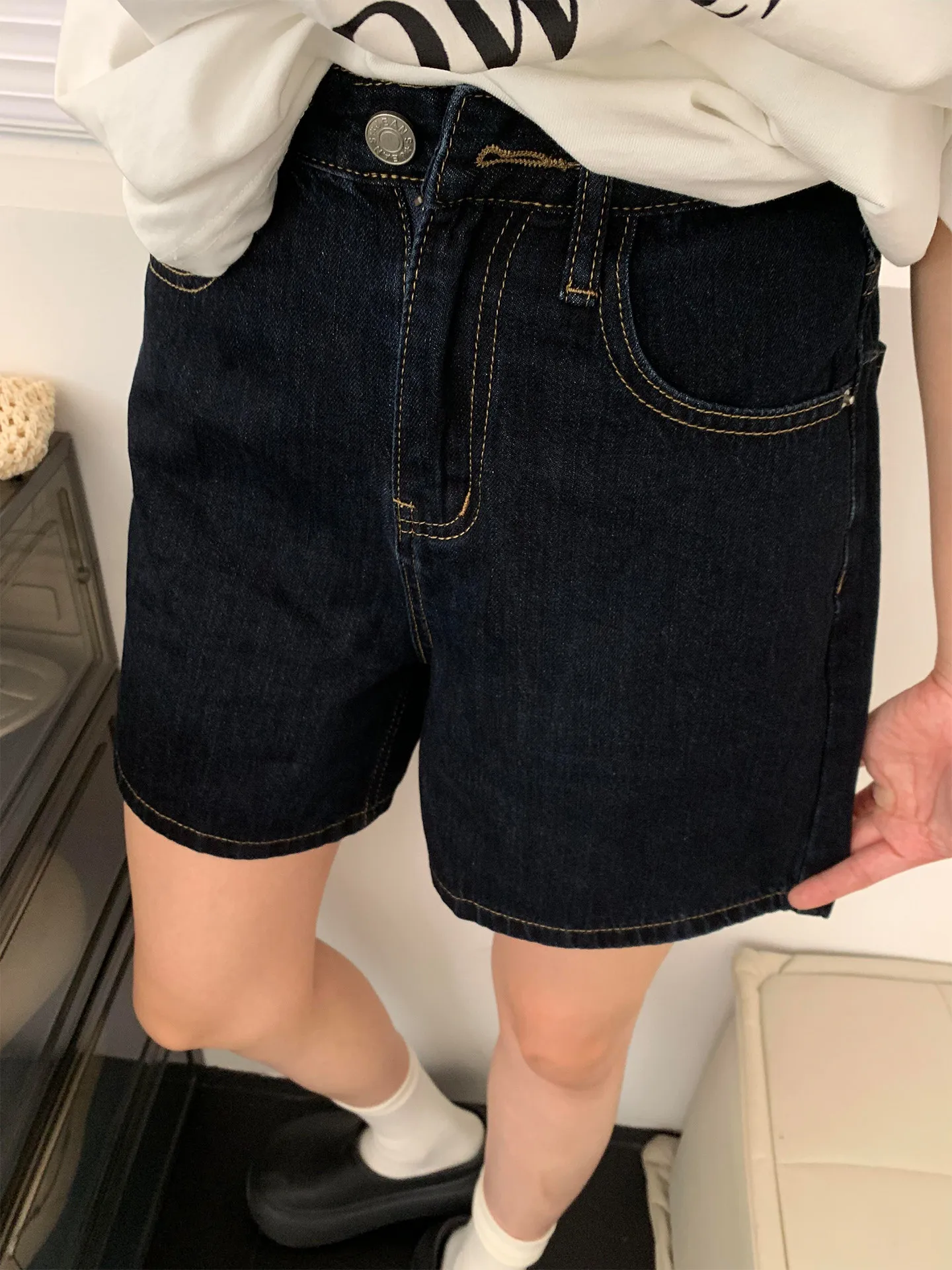 

Deep Blue Denim Shorts Women's Summer New Large Size Fat MM Pear Body Shape Loose Slim A-Line Straight Leg Hot Pants