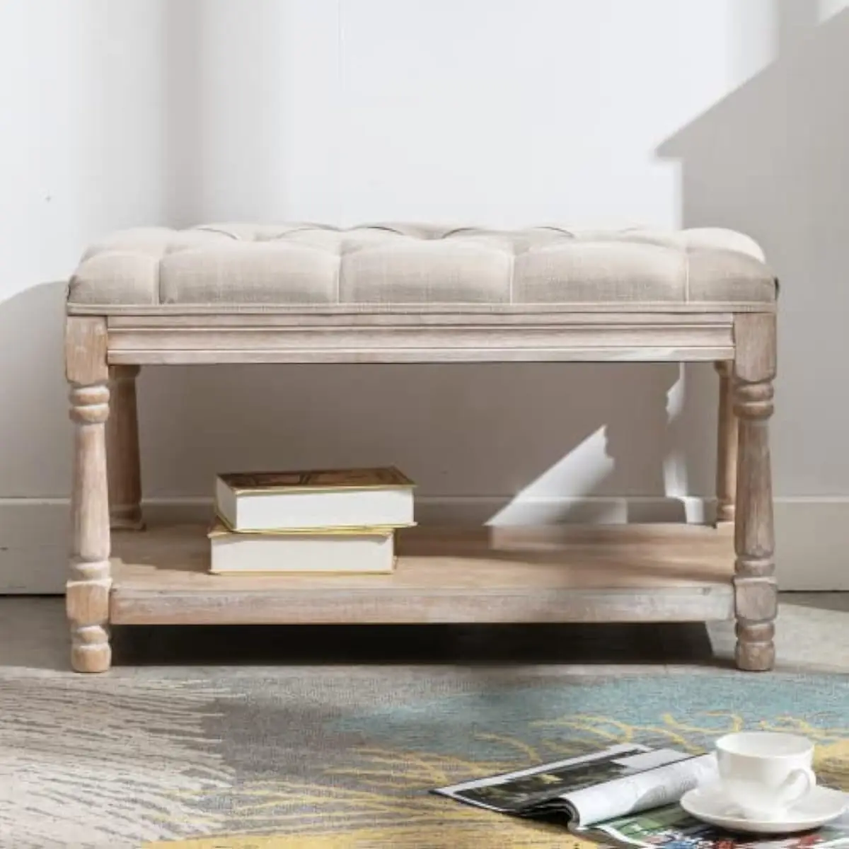 Rustic Linen Upholstered Storage Bench with Button-Tufted Design Solid Rubberwood Frame Farmhouse Style Seating for Entryway Bed