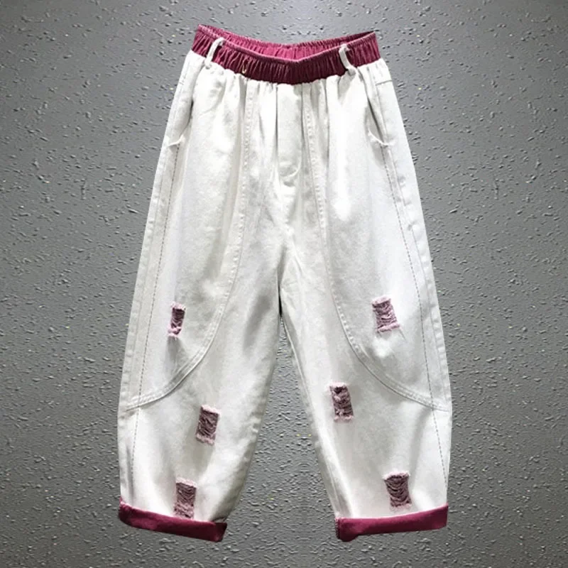 夏の新ストリートスタイルの女性のリッピングルーズハーレムパンツレディースコントラストカラー弾性ウエストジーンズ女性デニムパンツ