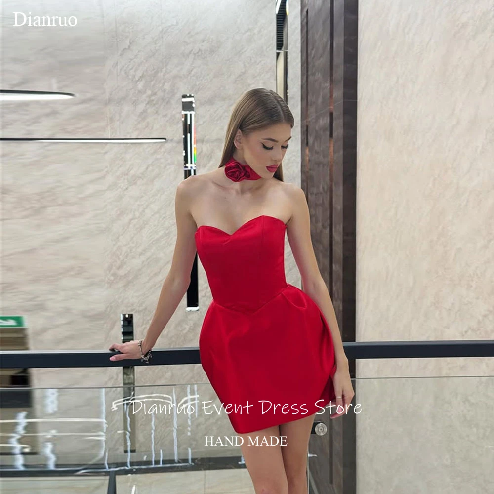 Vestidos de fiesta de satén rojo Dianruo, minivestidos florales sin mangas con cuello tipo gargantilla, vestido de fiesta corto personalizado