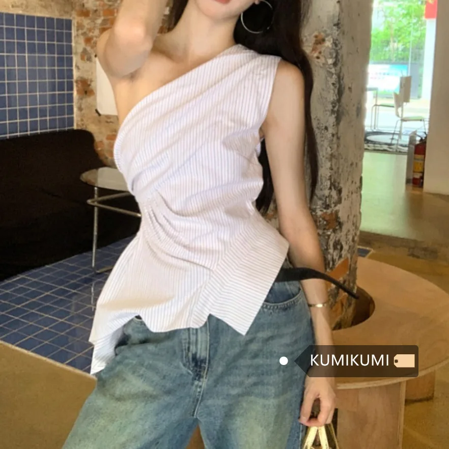 

2026 New Summer Women's Irregular Striped Splice Sleeveless Tank Top, Asymmetric Shoulder Unique Stylish Casual Outerwear Tops