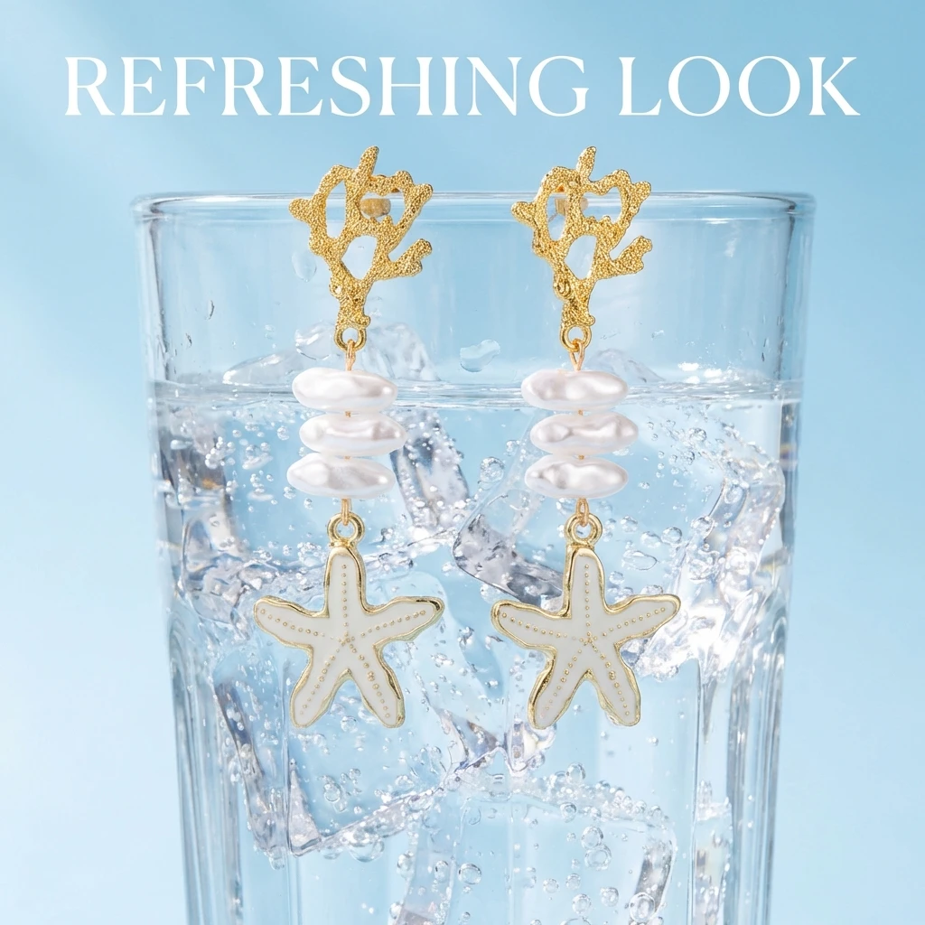 Goldfarbene Korallen-Seestern-Ohrhänger für Damen, trendige weiße Emaille, glänzende Imitationsperlen-Tropfenohrringe, hübscher Strandschmuck – Detail 12