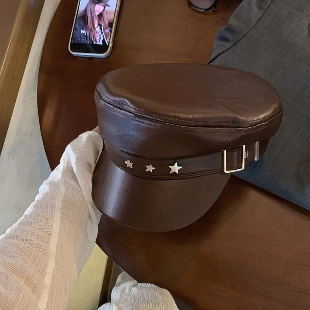

Personality Star Pu Leather Beret British Style Newsboy Cap Octagonal Hat Cotton Captain Cap Painter Hat Autumn