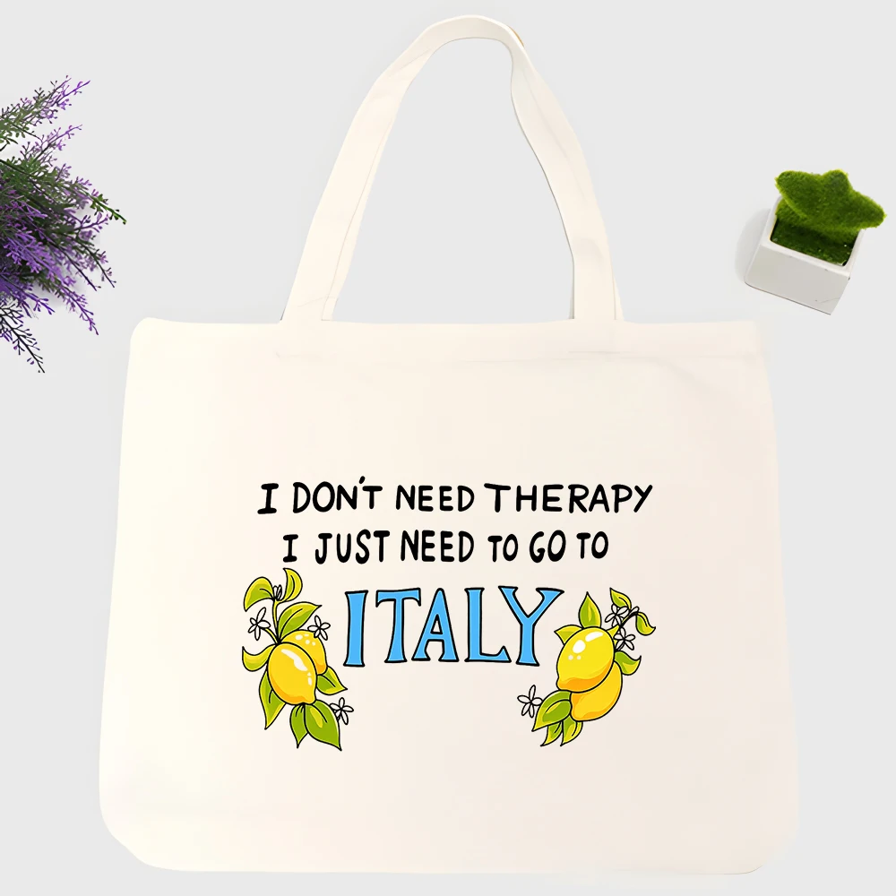 Women's lemon and letter print canvas tote bag, casual style for summer shopping and daily outings