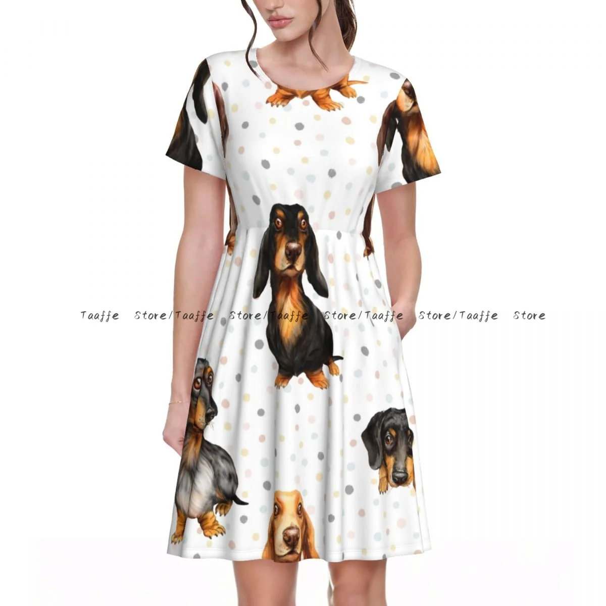 

Летнее женское платье с милой таксой в горошек, повседневное пляжное праздничное женское платье миди с короткими рукавами и круглым воротником
