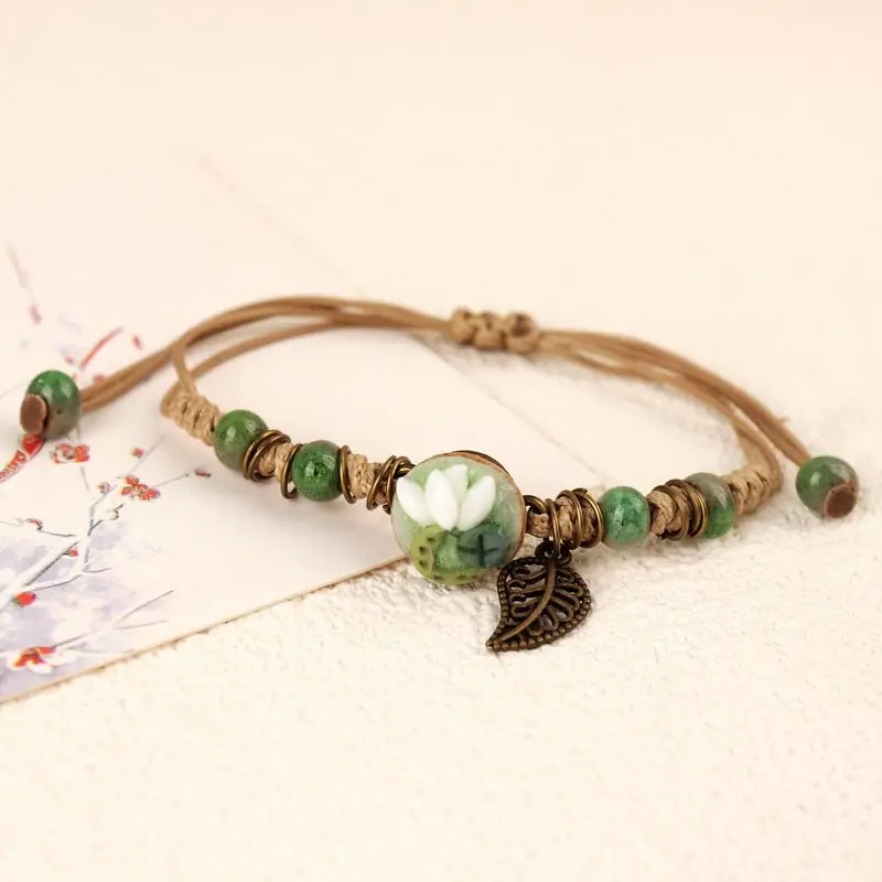 Fashion Ceramic Handmade Weave Adjustable Bracleets for Women &men Mini Flower /leaves Bead Bracelet