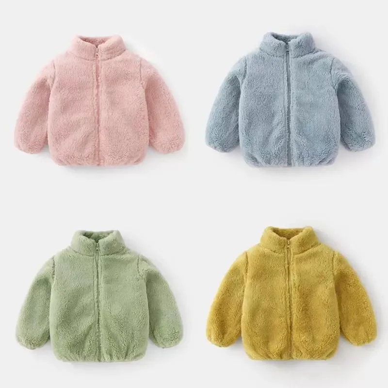 Solid Color Fashion Children Plush Coat Autumn Winter Warm Baby Girl Boy Casual Jacket Greatcoat Kids Clothing Toddler Outerwear