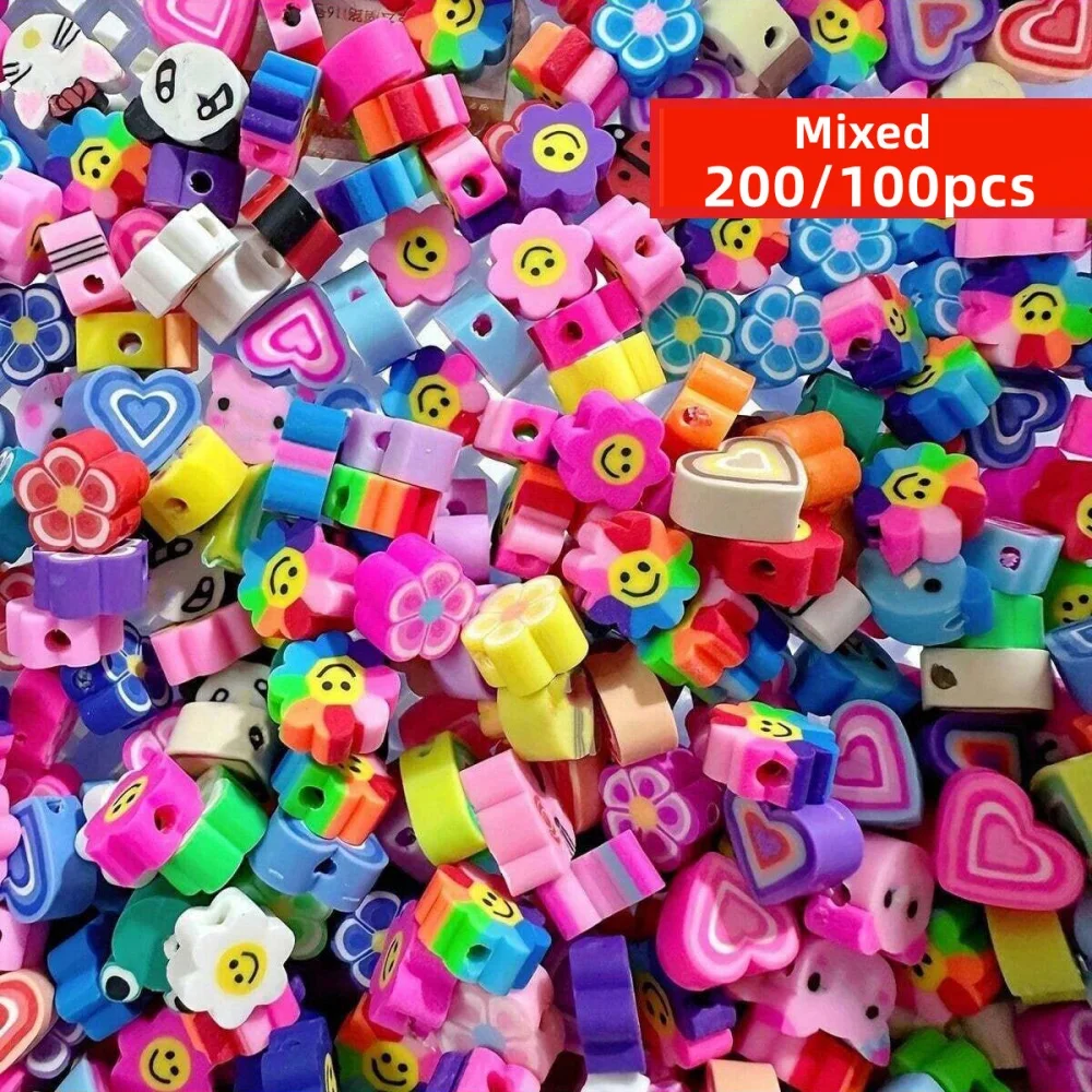 200/100pcs 9-11mm Random Style Vibrant Round Clay Beads - Assorted Animal, Heart & Flower Patterns for DIY Jewelry Making ﻿