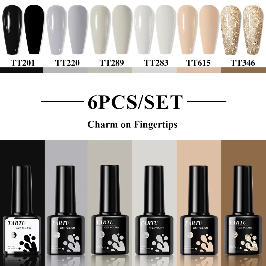 

6pcs Gel Nail Polish Set,Black White Gold Glitter Nude 6 Colors Semi-permanent Gel Polish Kit, Soak Off Uv/Led,Nail Art Manicure