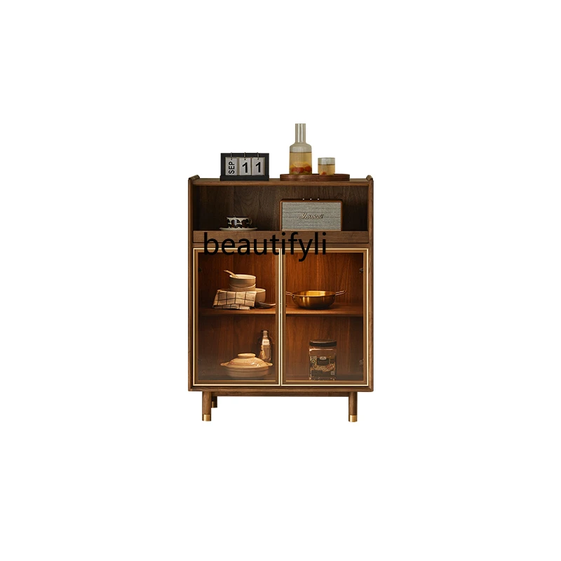 

Solid Wood Wine Cabinet Household Light Luxury Black Walnut Storage Organizer Display Cabinet Guest Restaurant TV Side Cabinet