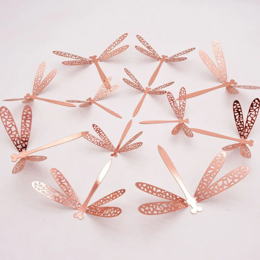 12PCS Gold Silver Rosegold Home Decoration Gardening Ornament Metal Texture Hollow Dragonflies 3D Dragonfly Stickers Wall Decals
