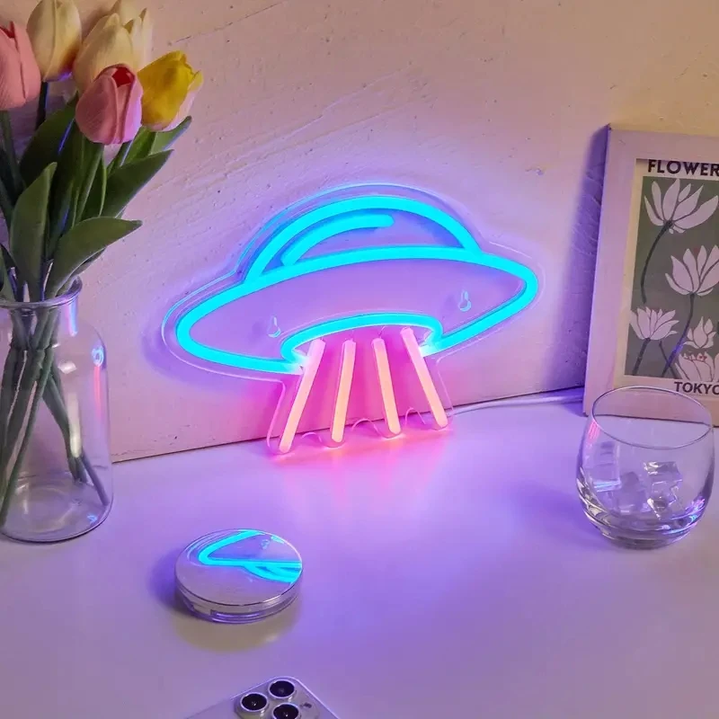 LED Neon Lights Dimmable Space Neon Signs for Wall UFO Neon Light up Sign for Bedroom Kids Space Game Room Neon Wall Signs Decor