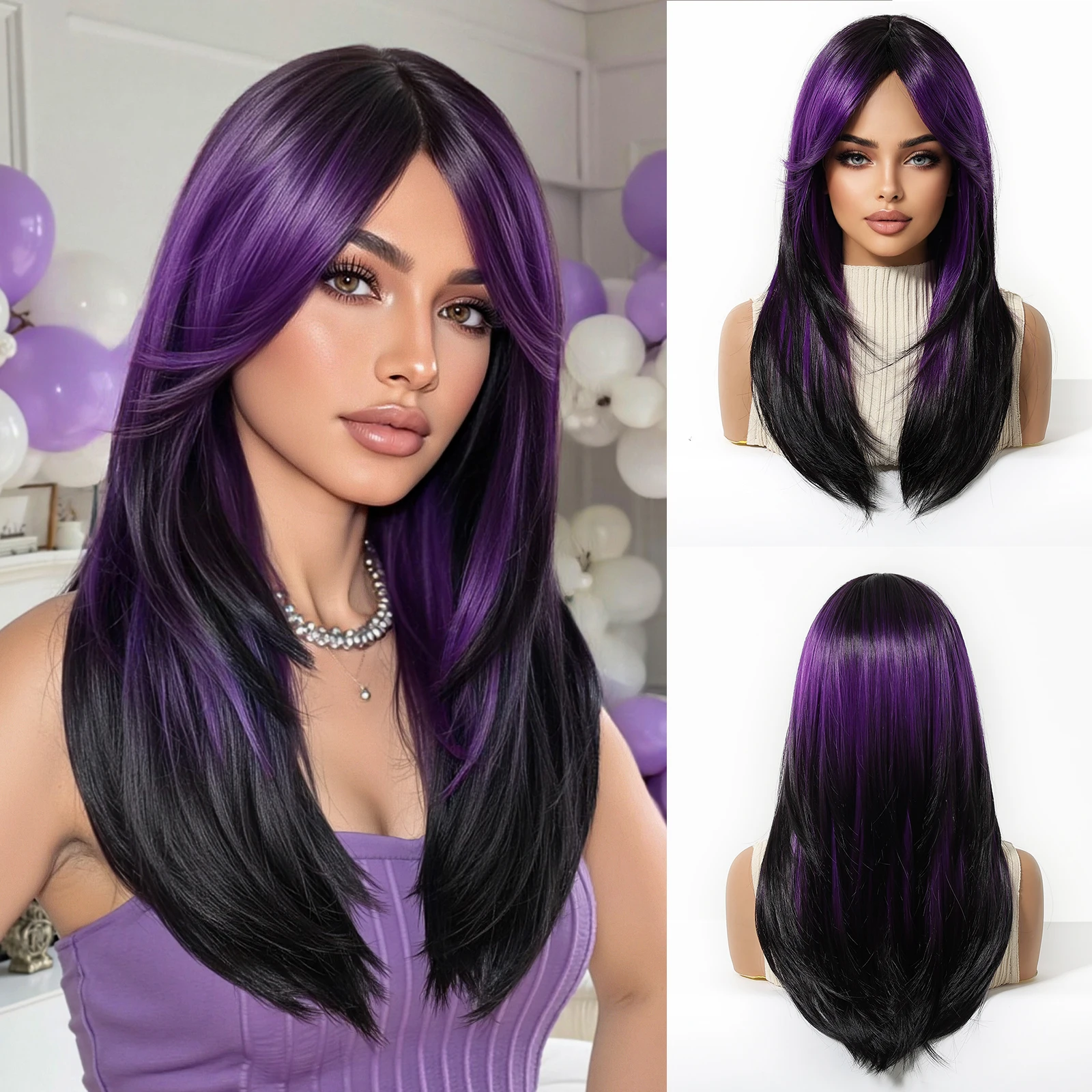 

Allbell Magique черный мелированный фиолетовый модные синтетические парики длинные прямые для женщин косплей вечерние Рождество Хэллоуин