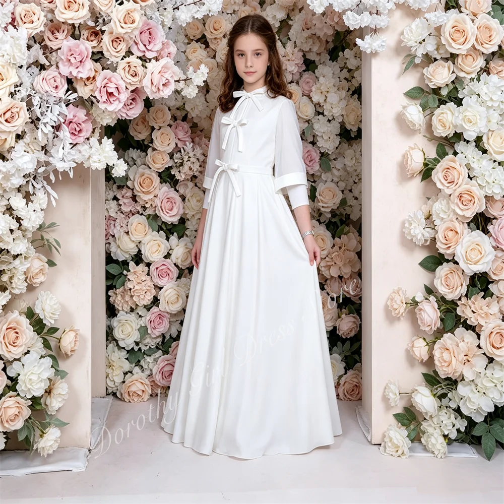 Custom White Bow-decorated Luxury Flower Girl Dress for Weddings Celebrity Events Piano Performances and Parties