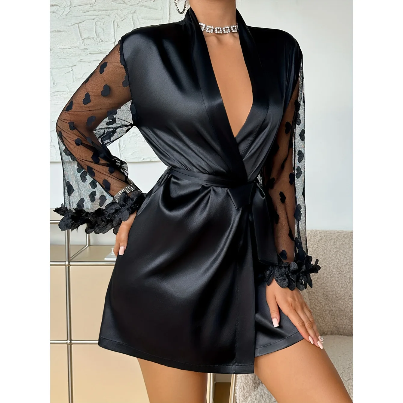 Black Plunge Robe With Sheer Heart Printed Long Sleeves Ruffled Cuffs Waist Belt Alluring Midnight Intimates Gown Erotic Set