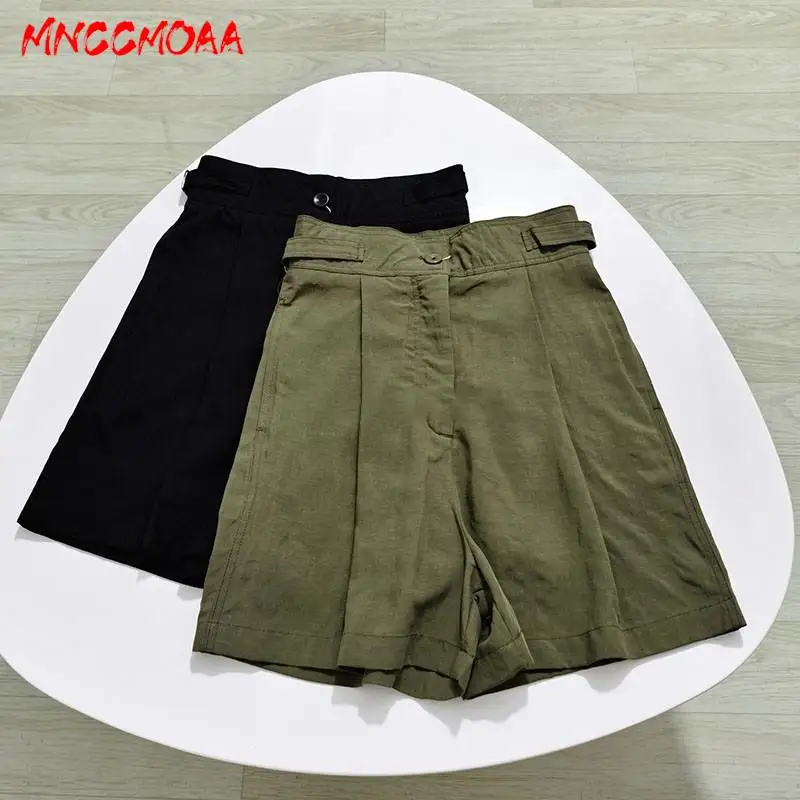 

MNCCMOAA 2024 Summer Women Fashion Vintage Green Loose High Waist Shorts Female Solid Color Casual Belt Pocket Bottoms Ladies