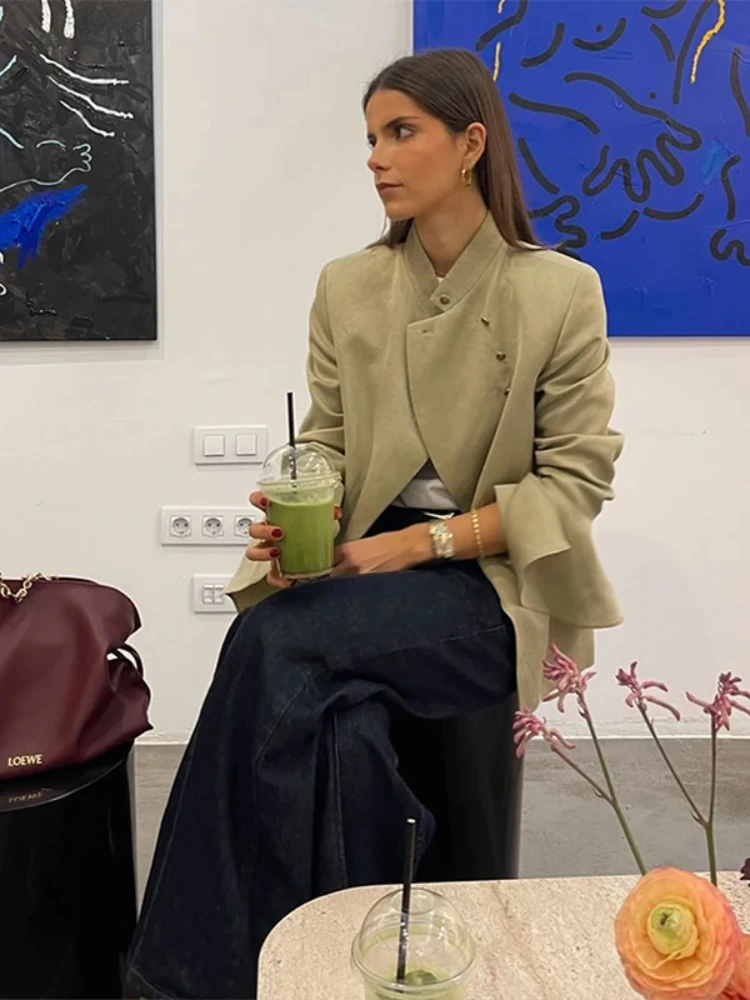 

Side Button Ruffle Blazer Detachable Ruffle Cuff Jacket Stand Collar 2026 Spring Fashion Office Retro Edgy Casual Women Blazer