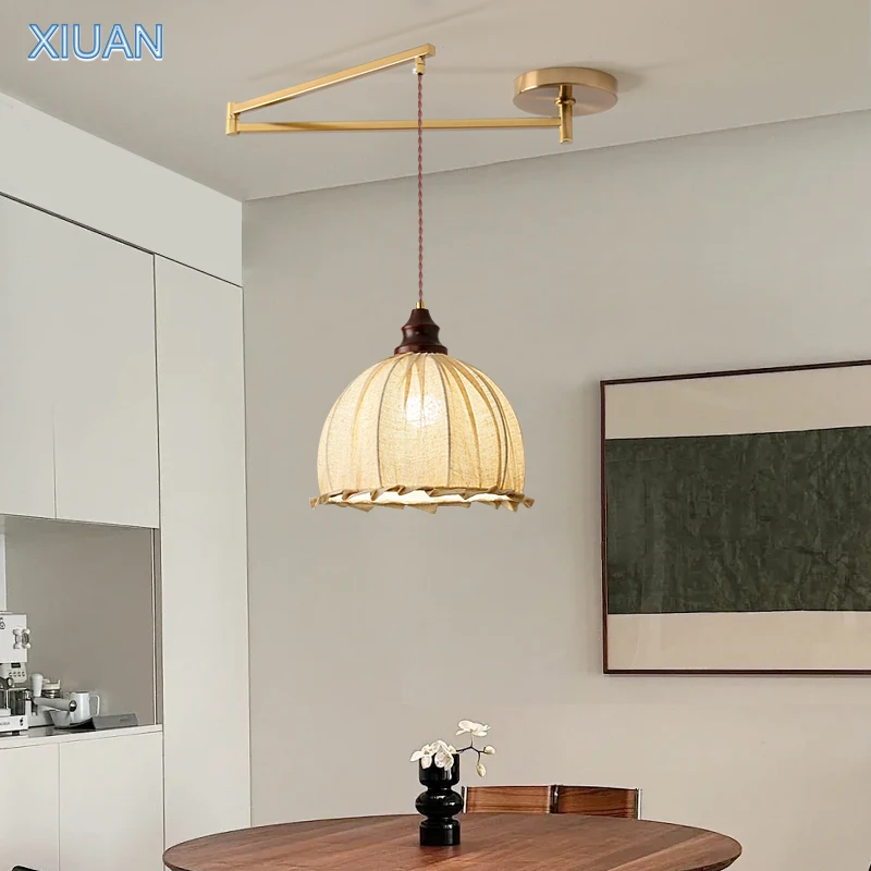 

Wabi-sabi Vintage Fabric Sconces E27 Pendant Lamps for Dining Table Living Room Kitchen Gold Folding Rocker Arm Chandelier Light