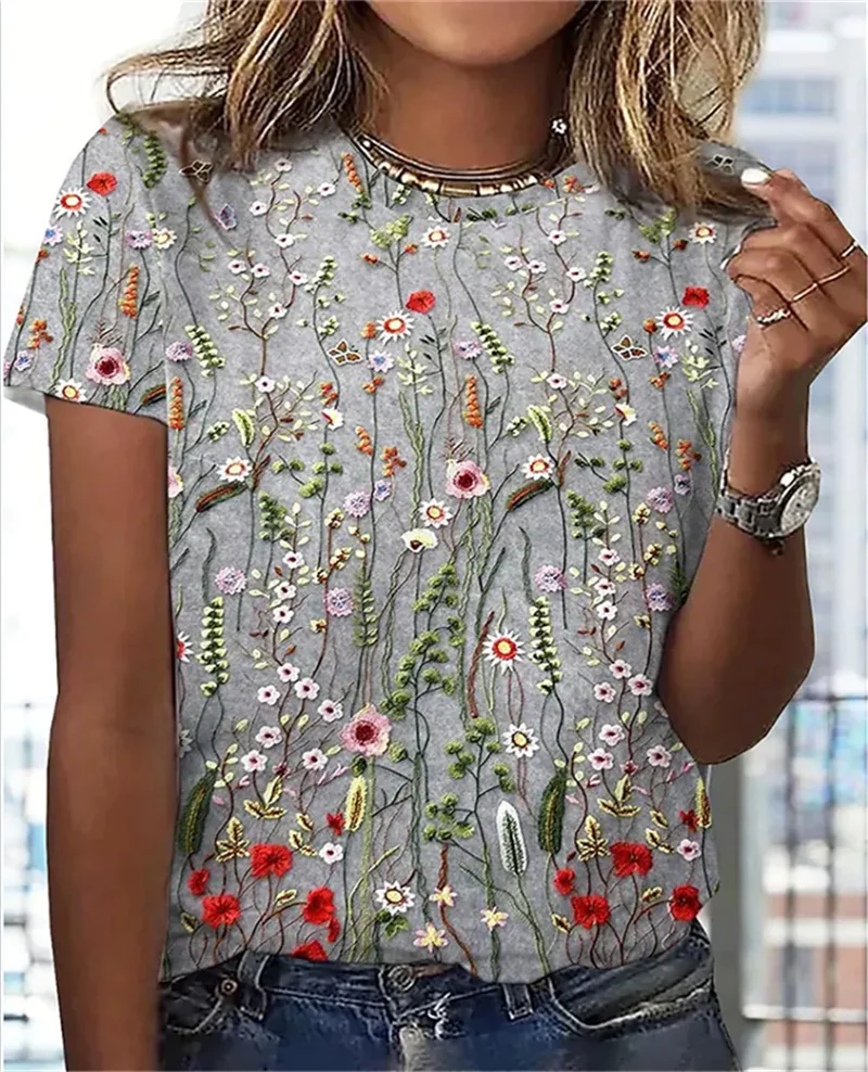 

Fashion Plants Flower Print Tees Women's Loose Casual O Neck Pullover T-Shirt Female 2023 Summer Short Sleeve Sweet Style Tops