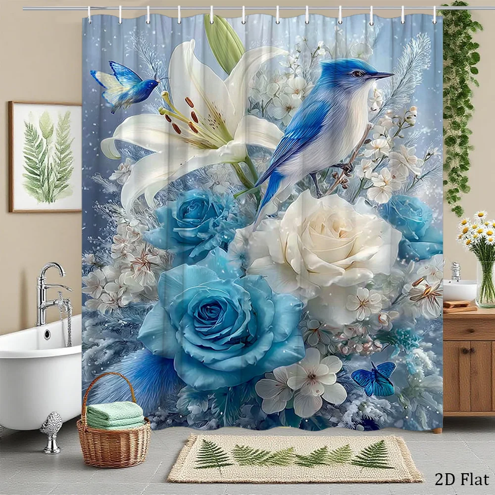 Elegant Blue Floral Nature Shower Curtain Watercolor Art Waterproof Bathroom Decor Luxury Tropical Bird Design