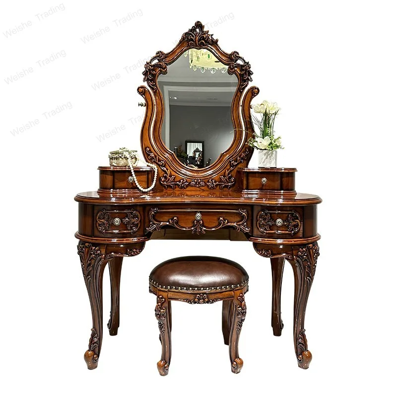 

European-style all-solid wood dresser imported oak carved retro bedroom storage integrated makeup table with stool