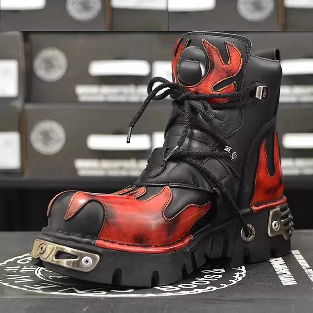 Fashion Genuine Leather Women Goth Punk Motorcycle Boots Lace Up Metal Sneakers Casual Men Ankle Combat Rock Boots Platform