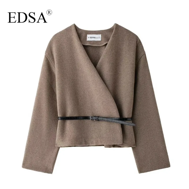 

EDSA femmes doux ceinturé veste Wrap col en v manches longues nouveau élégant dame trajet vêtements d'extérieur pour femme