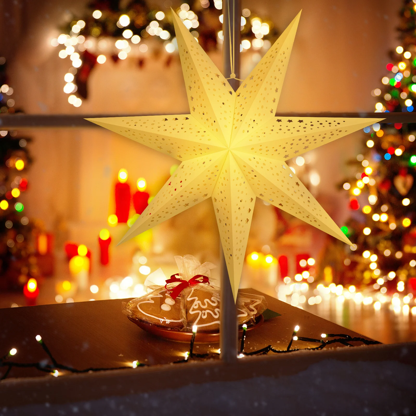 

Star Lantern Lampshade Set of 3 50cm Hollow Out Hanging Pendant for Islamic Eid Decor Home Lighting 3D Paper Light Cover