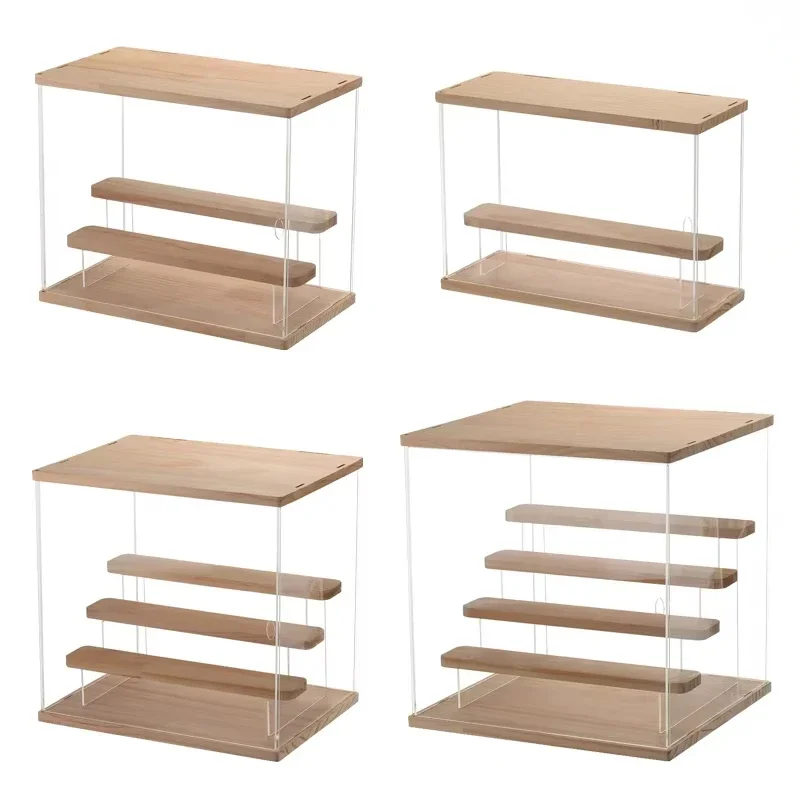 Clear Acrylic Display Cabinet With Solid Wood Step Stand for Blind Box Toy and Action Figure, Dustproof Storage Box for Cosmetic