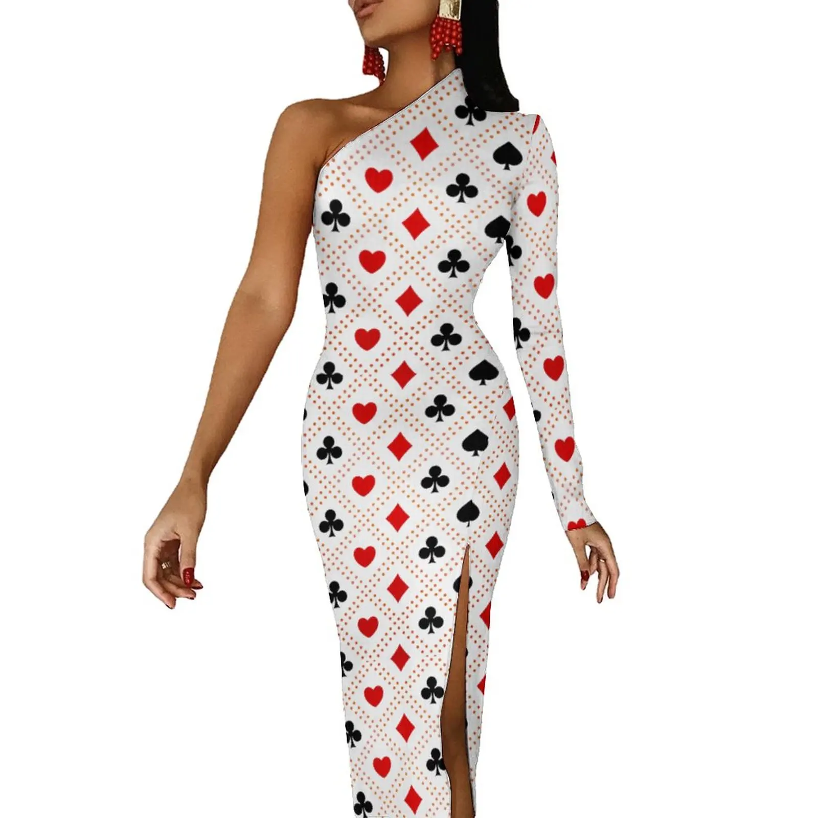 Poker Heart Maxi Dress One Shoulder Card Pattern Red Queen Kawaii Bodycon Dress Summer Party Long Dresses Women Graphic Vestidos