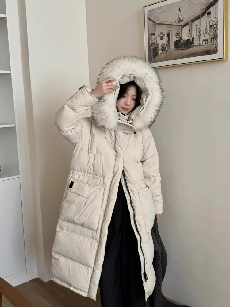 Down Jacket Women in The Long Section Winter New Real Raccoon Big Fur Collar White Duck Down Jacket Loose Thickened Warm Coat