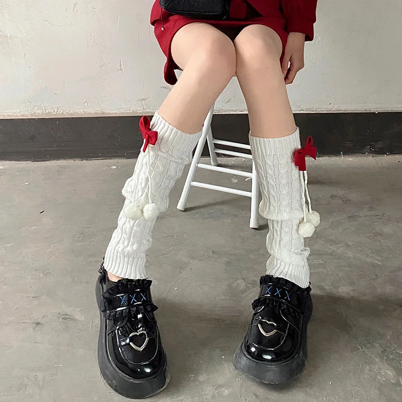 Knitted Leg Warmers Women's Cotton Cloth Geometric Pattern Moisture Wicking Calf Socks Christmas Warm Bow Red Spring and Autumn