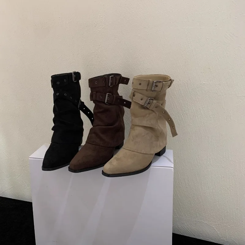 Botas de mujer a media pantorrilla con punta estrecha, zapatos de fiesta sin cordones a la moda de caballero de gamuza de vaca, modernos y occidentales, novedad de invierno de 2026