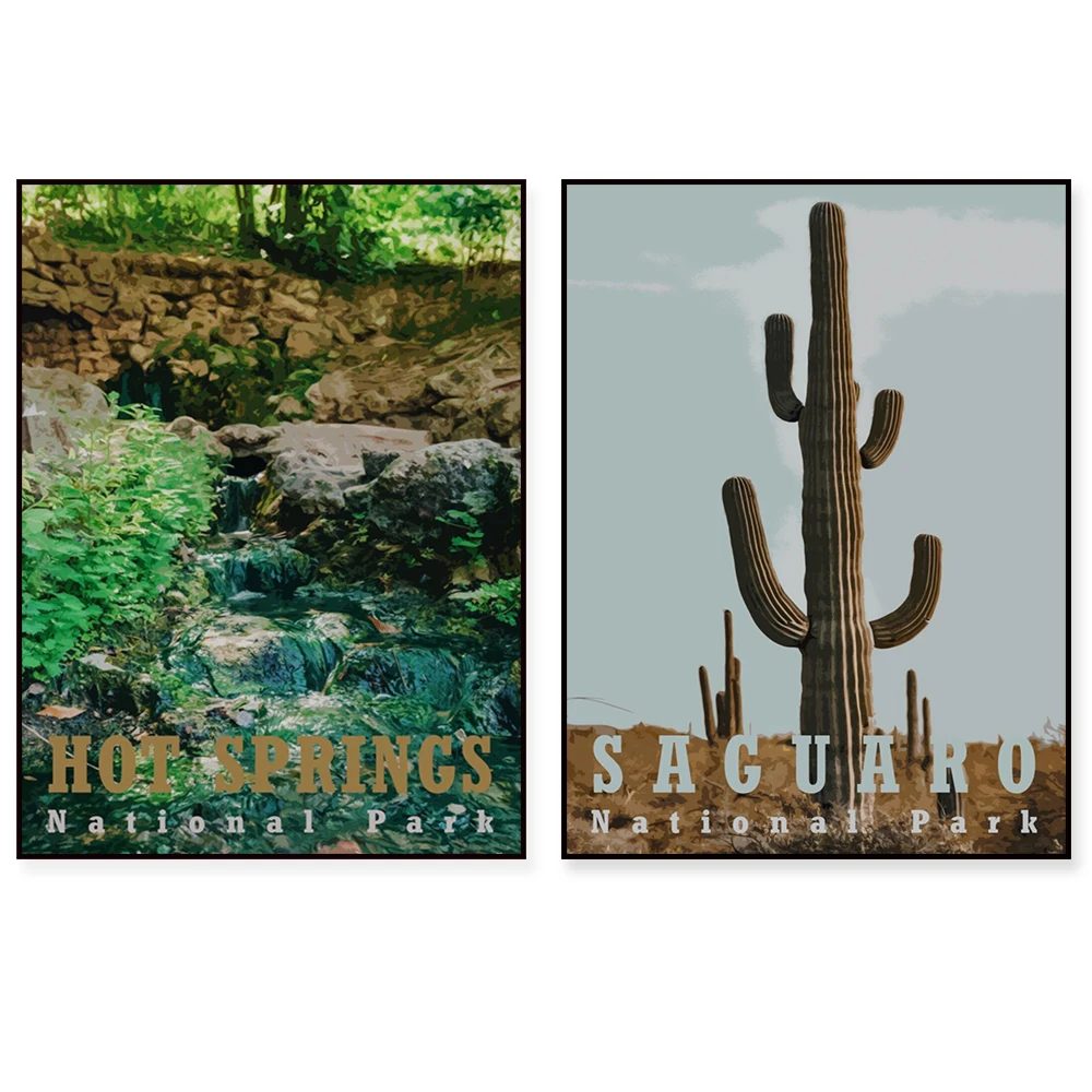 Cartel de viaje de las puertas del Ártico, Cactus, Katmai, Elias, Glacier Bay, Parque Nacional del Bosque Petrificado, Arizona, Arkansas, Utah