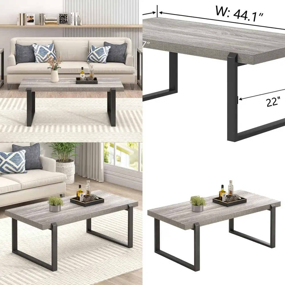 

Rustic Metal and Wood Coffee Table, Vintage-Inspired Small Living Room Table, Light Grey, 44