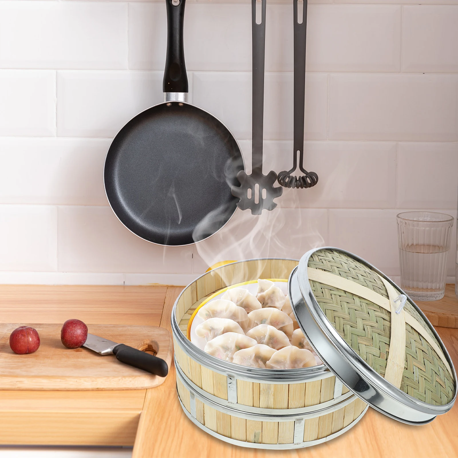 

30cm Bamboo Set 2 Tier Stainless Steel Dim Sum Rack Pots Cooking Basket Steamer Healthy Diet Easy Storage Reusable