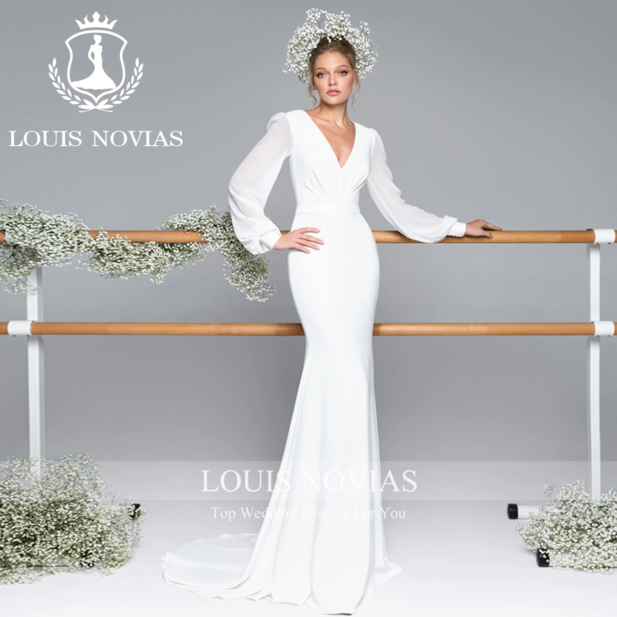 Louis novias sereia manga longa puff vestido de casamento de alta qualidade sexy com decote em v bainha flowy cetim vestido de casamento vestidos de novia