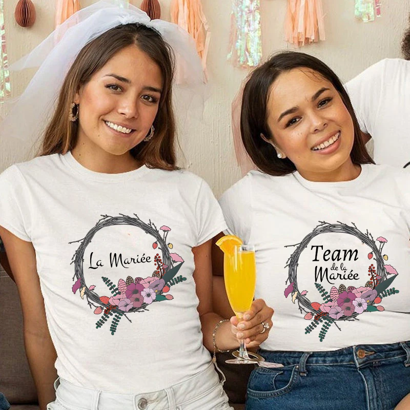 French Girls Team Bride Women T-shirt Flower Crown Graphic Print Tops Bachelorette Bridal Wedding Party Tshirt Flower Crown Tees