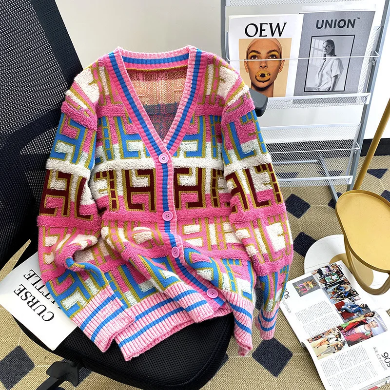 Rainbow V-Neck Knit Sweater Autumn Winter Japanese Retro Color Block Open Cardigan Women's Design Sensation Niche Soft Outerwear