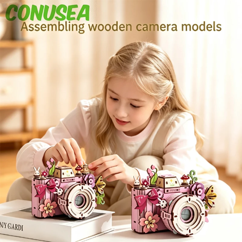 Assembled Wooden Camera Model Eternal Flower Ins Style Three-dimensional Building Blocks Puzzle Holiday present
