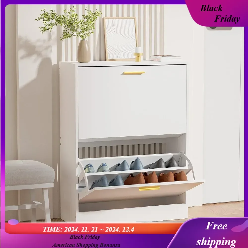 

Slim White Hidden Shoe Organizer Cabinet with 2 Flip Drawers, Wooden Narrow Shoe Rack with 2 Tier Freestanding for Hallway