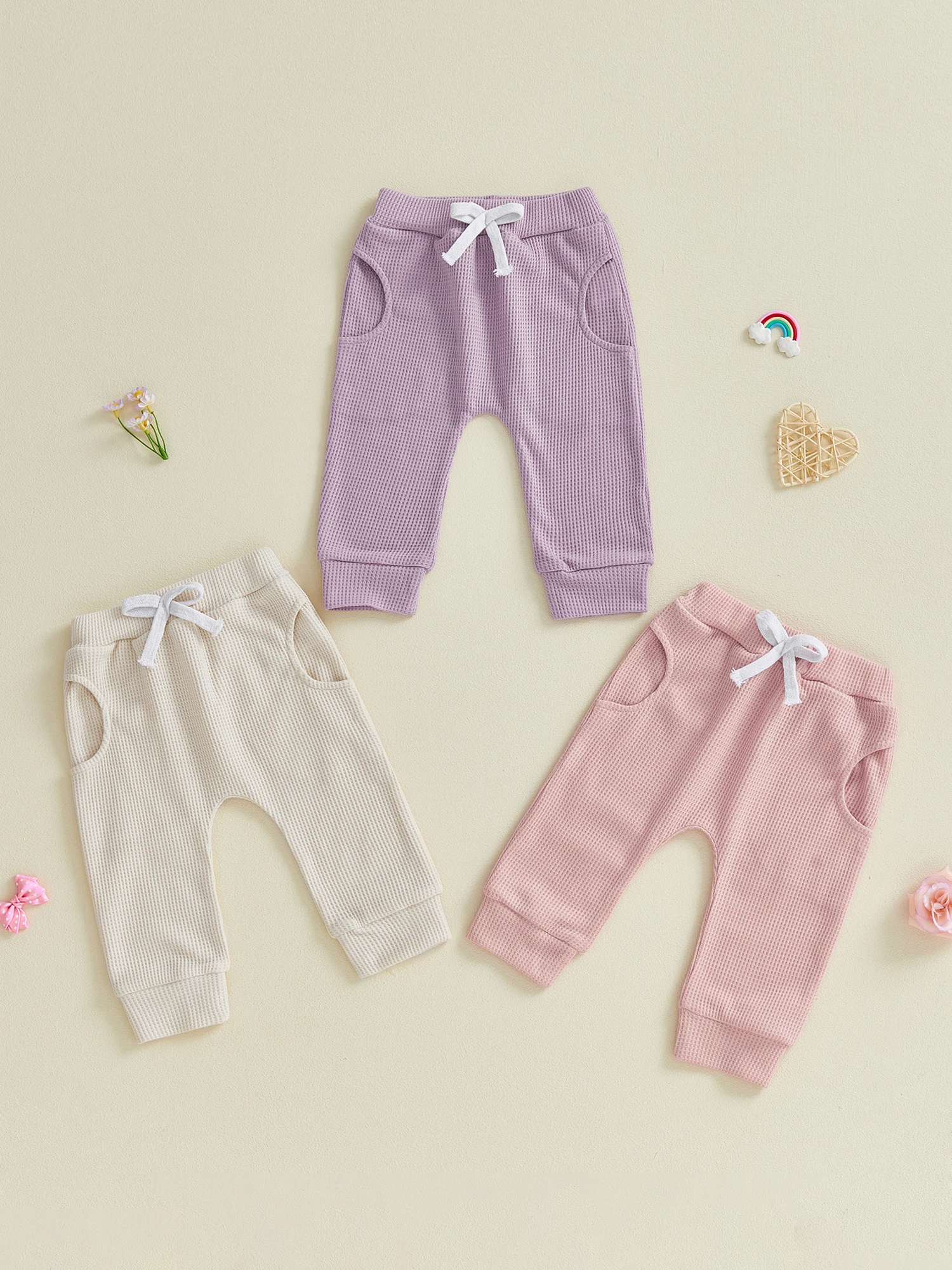 

Стильный комплект одежды из трех предметов для маленьких девочек с уютными однотонными вафельными штанами и эластичным поясом для повседневной носки