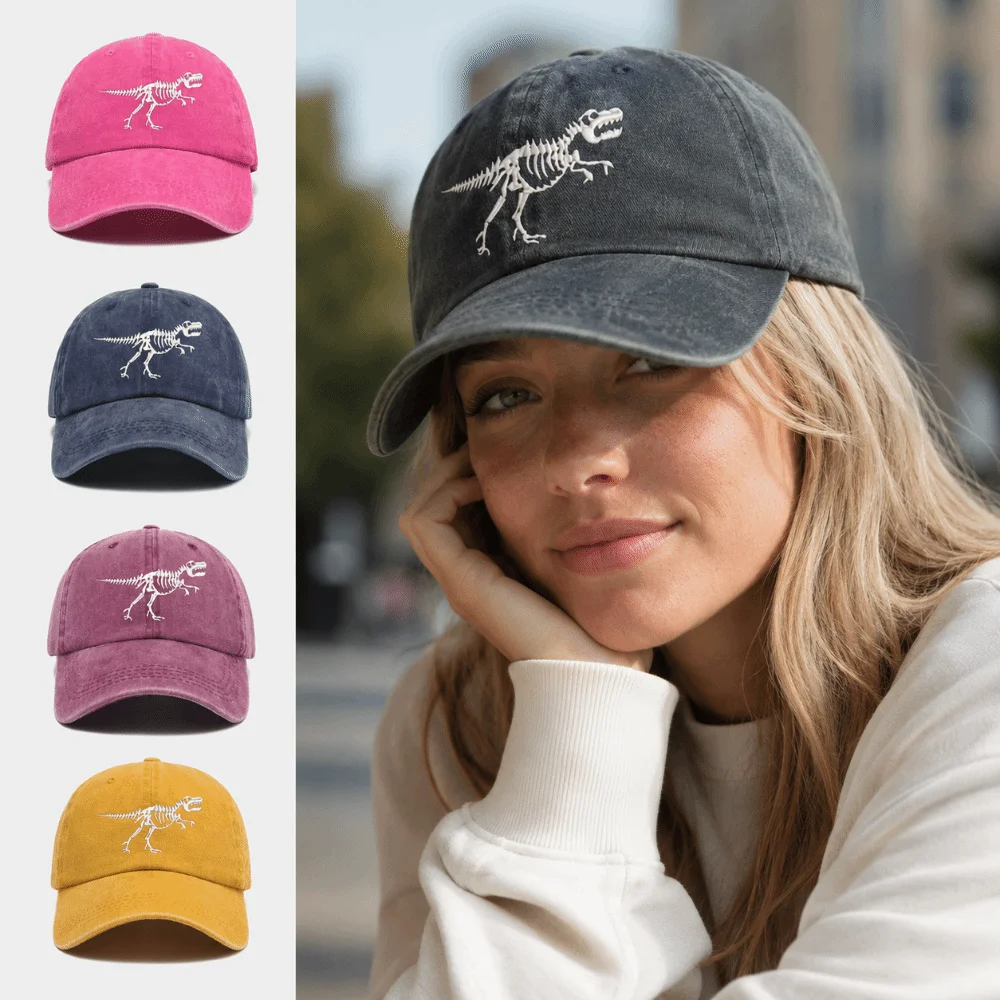 Washed Cotton Dinosaur Skeleton Printed Hat Adjustable Curved Brim Dinosaur Fossil Hat Distressed Skull Graphic Cap