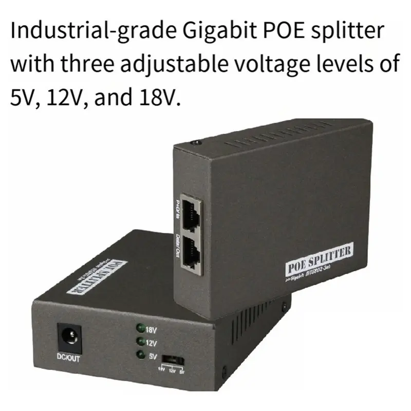 New Arrivals-Gigabit Poe Splitter IEEE802.3Af/At, DIP Switch Adjustable 5V/12V/18V DC Output 15W- 30W With Replaceable DC Tip
