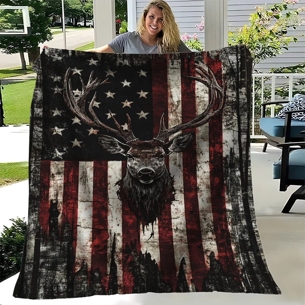 Throw Blanket Patriotic Deer USA Flag Grunge Stripes Stars Wilderness Hunting Graphic Vivid Cozy For Couch Lawn Blanket