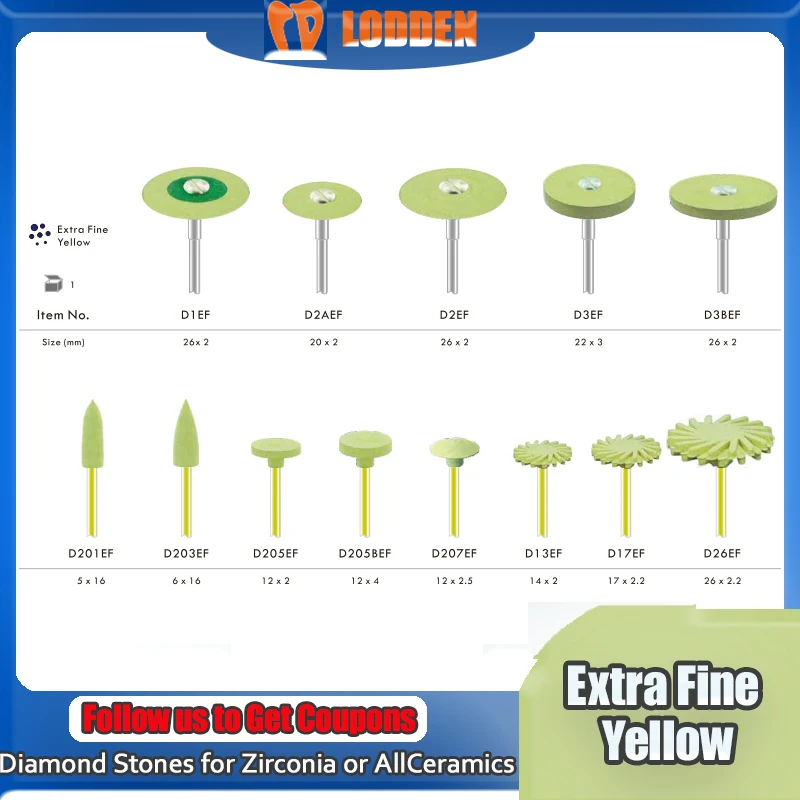 

LODDEN Dental Lab Diamond Stones for Zirconia All-ceramics Rubber Pregnant Diamond Polishing Burs Extra Fine Yellow Dentistry