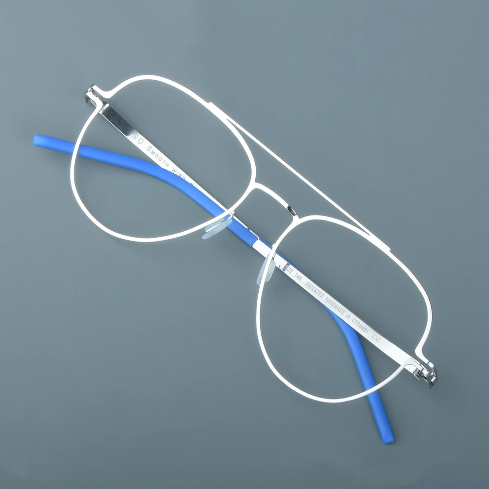 Double Beam Blue Glasses Frame, Handmade, Screwless, Ultraleve, Oval, redondo, óculos roxos, sem desvanecimento, Eyewear Rim, 7g, Alemanha Brand