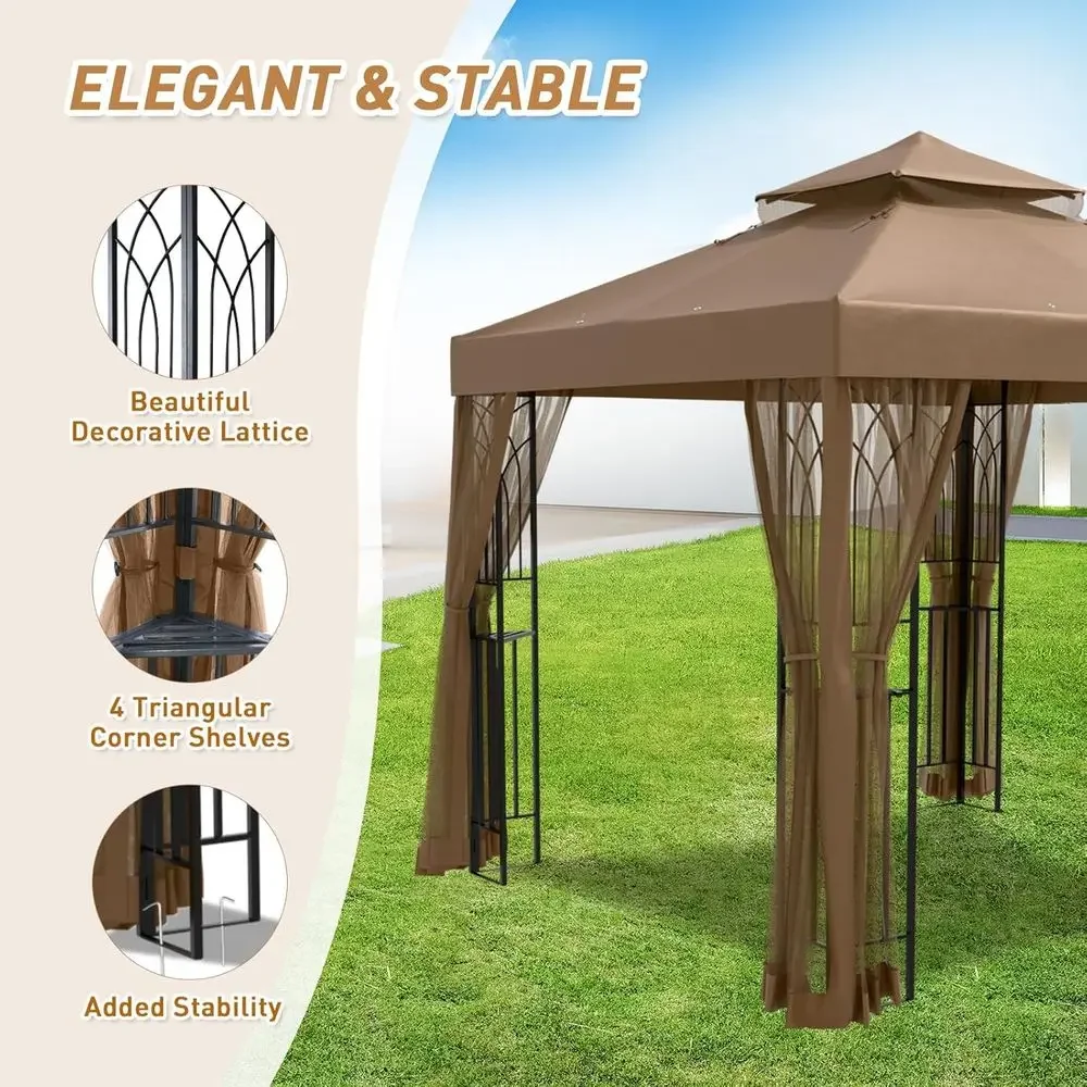 8x8 Outdoor Gazebo with Netting and Shelves, Double Roof Patio Shelter, Backyard Garden Pavilion, Brown