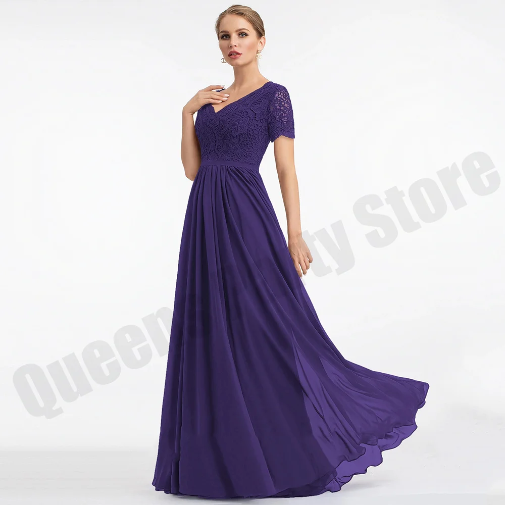 Vestido de chiffon para a mãe da noiva, mangas curtas, v neck, rendas, até o chão, convidado do casamento, tamanho grande, azul marinho